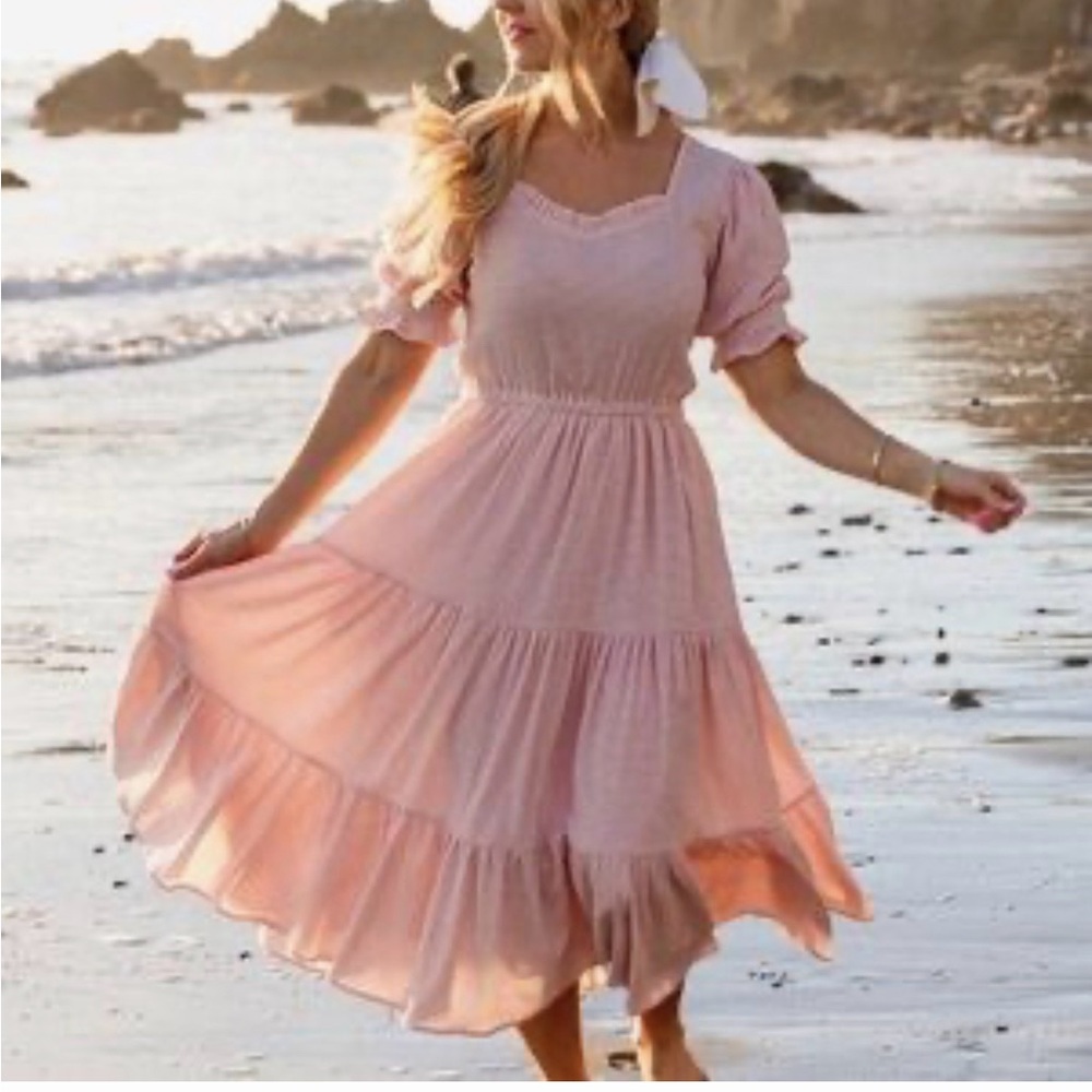 Ivy City Co Pink Gingham Smocked Puff Sleeve Midi Dress Medium